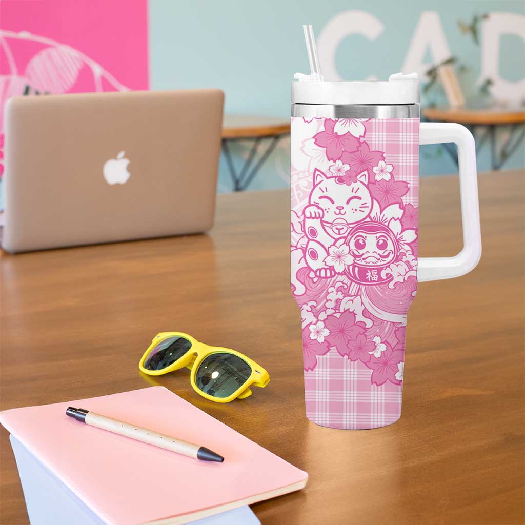Pink Palaka Hawaiian And Japanese Tumbler With Handle Maneki Neko And Sakura Bloom DT05 - Polynesian Pride