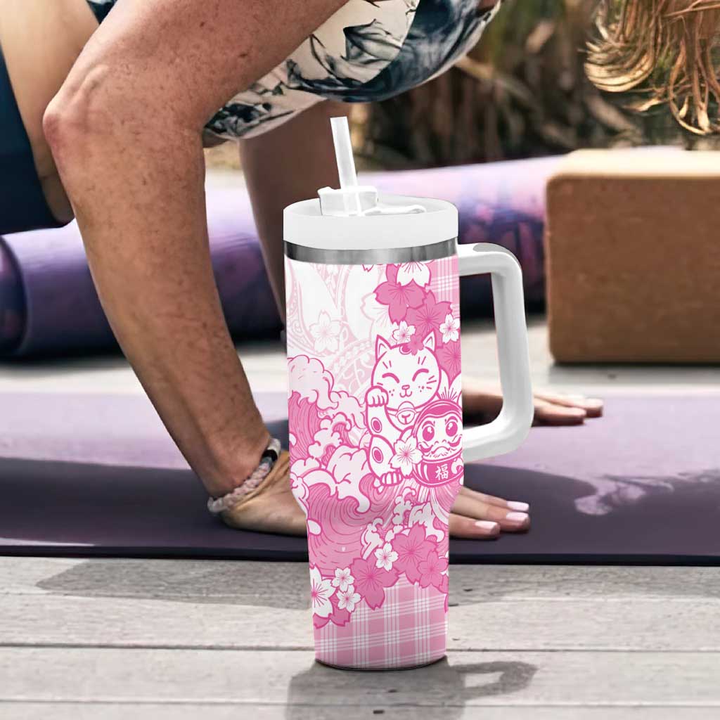 Pink Palaka Hawaiian And Japanese Tumbler With Handle Maneki Neko And Sakura Bloom DT05 - Polynesian Pride