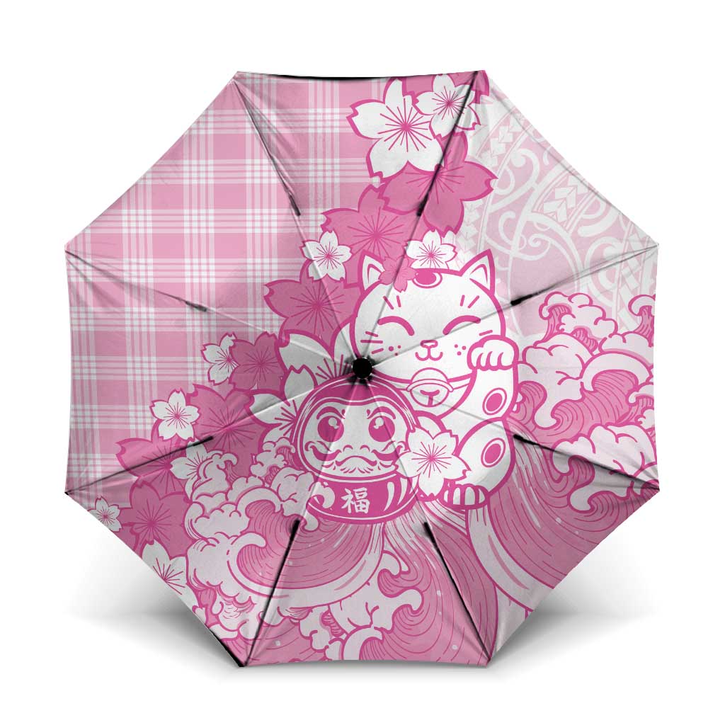 Pink Palaka Hawaiian And Japanese Umbrella Maneki Neko And Sakura Bloom DT05 One Size Folded 11.42 inch Opened Diameter 37.4 inch Pink - Polynesian Pride
