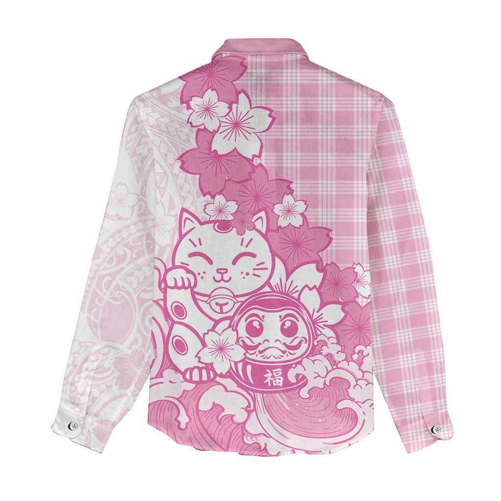 Pink Palaka Hawaiian And Japanese Women Casual Shirt Maneki Neko And Sakura Bloom DT05 - Polynesian Pride
