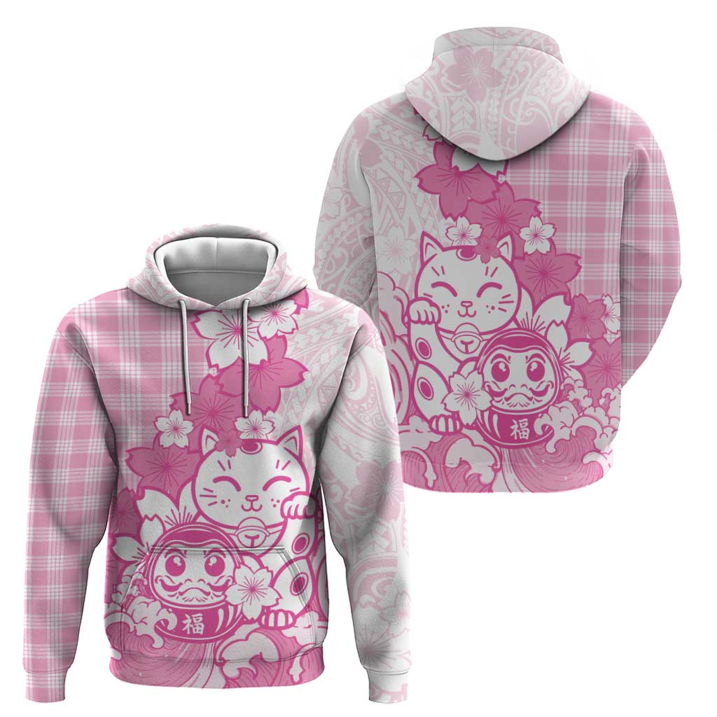 Pink Palaka Hawaiian And Japanese Zip Hoodie Maneki Neko And Sakura Bloom DT05 - Polynesian Pride