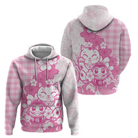 Pink Palaka Hawaiian And Japanese Zip Hoodie Maneki Neko And Sakura Bloom DT05 - Polynesian Pride