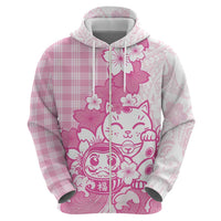 Pink Palaka Hawaiian And Japanese Zip Hoodie Maneki Neko And Sakura Bloom DT05 - Polynesian Pride