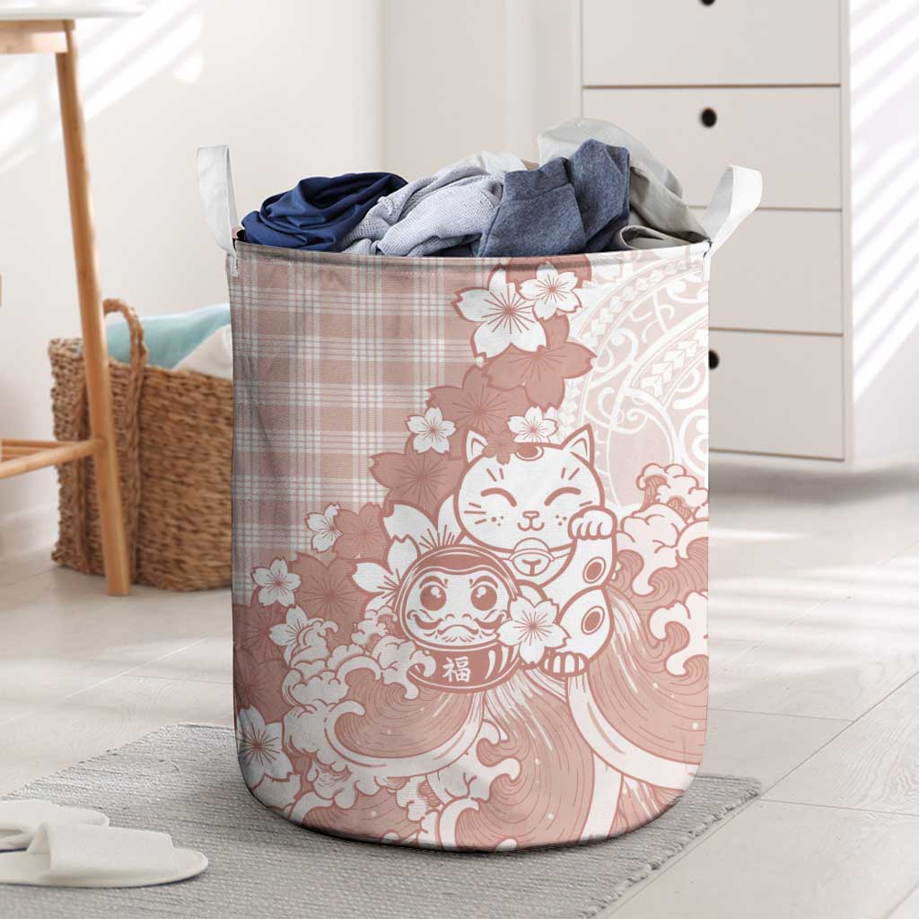 Beige Palaka Hawaiian And Japanese Laundry Basket Maneki Neko And Sakura Bloom