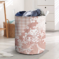 Beige Palaka Hawaiian And Japanese Laundry Basket Maneki Neko And Sakura Bloom