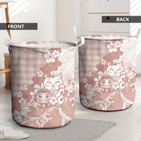 Beige Palaka Hawaiian And Japanese Laundry Basket Maneki Neko And Sakura Bloom
