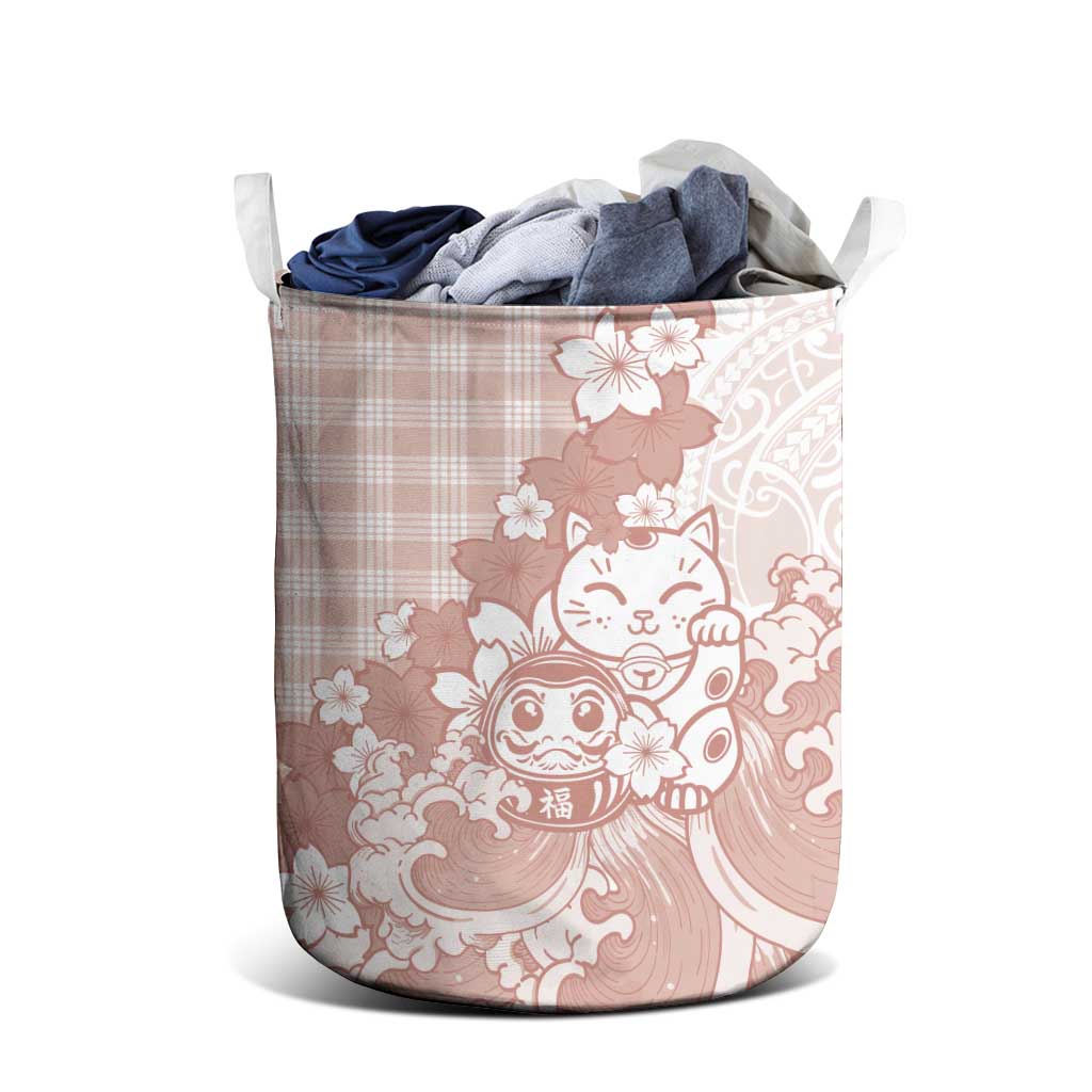 Beige Palaka Hawaiian And Japanese Laundry Basket Maneki Neko And Sakura Bloom
