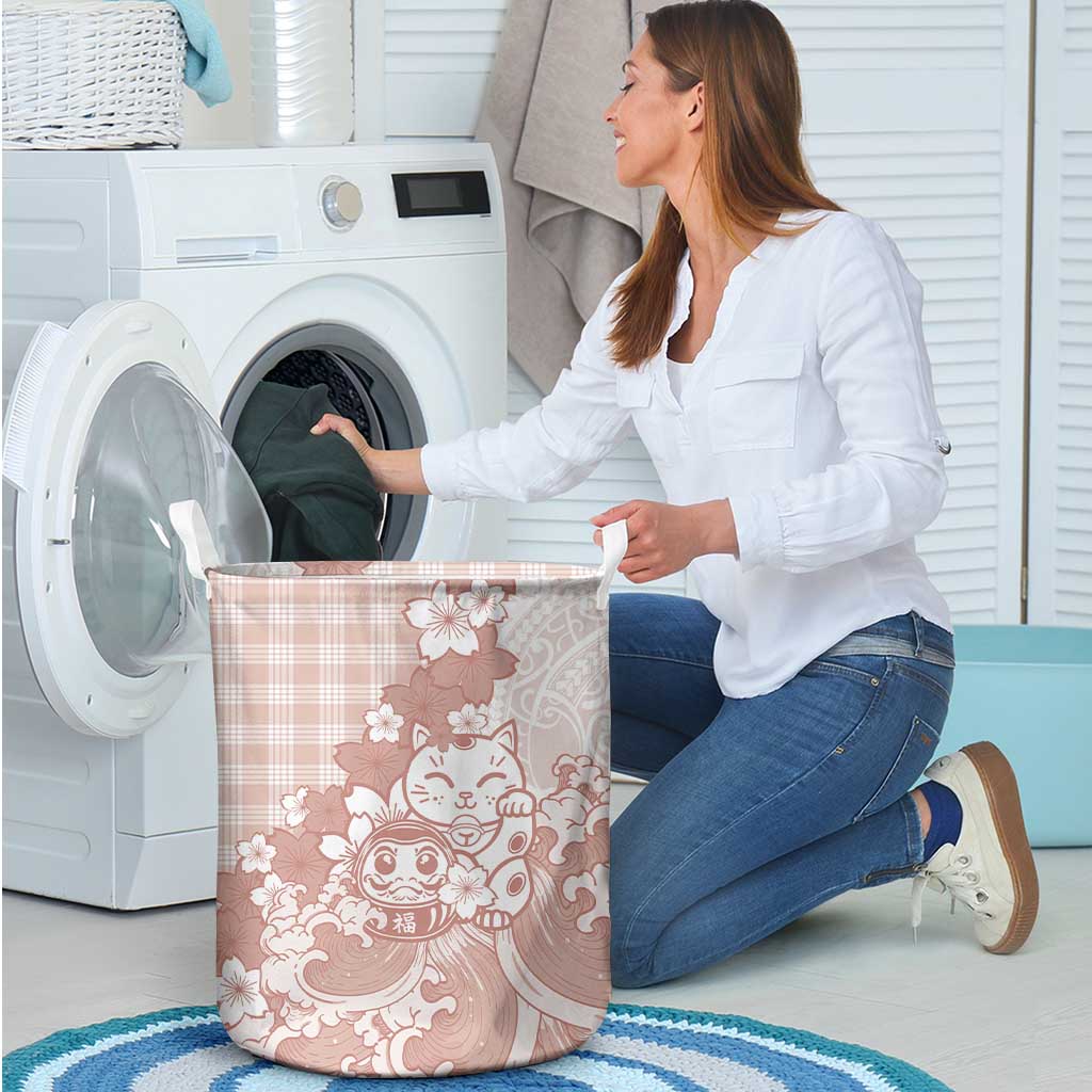 Beige Palaka Hawaiian And Japanese Laundry Basket Maneki Neko And Sakura Bloom