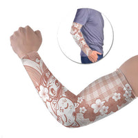 Beige Palaka Hawaiian And Japanese Arm Sleeves Maneki Neko And Sakura Bloom DT05 Set of 2 Beige - Polynesian Pride