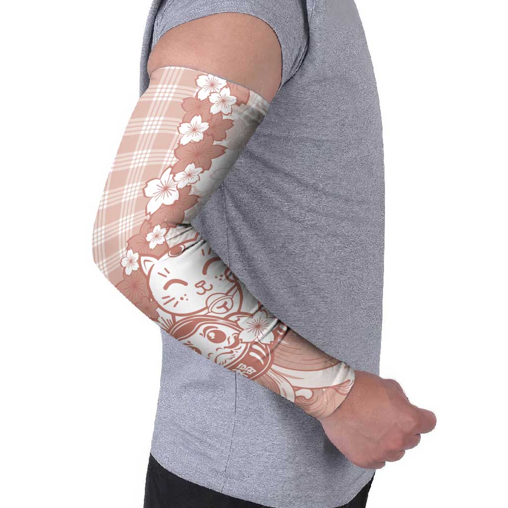 Beige Palaka Hawaiian And Japanese Arm Sleeves Maneki Neko And Sakura Bloom DT05 - Polynesian Pride
