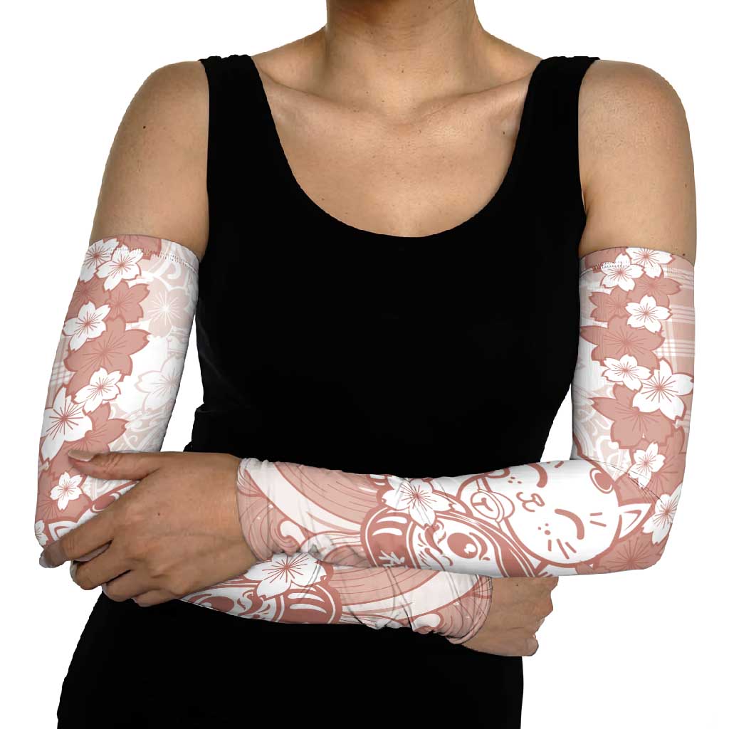 Beige Palaka Hawaiian And Japanese Arm Sleeves Maneki Neko And Sakura Bloom DT05 - Polynesian Pride