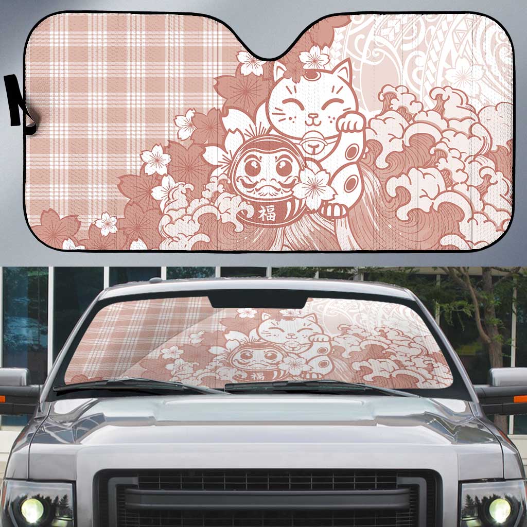 Beige Palaka Hawaiian And Japanese Auto Sun Shade Maneki Neko And Sakura Bloom DT05 Beige - Polynesian Pride