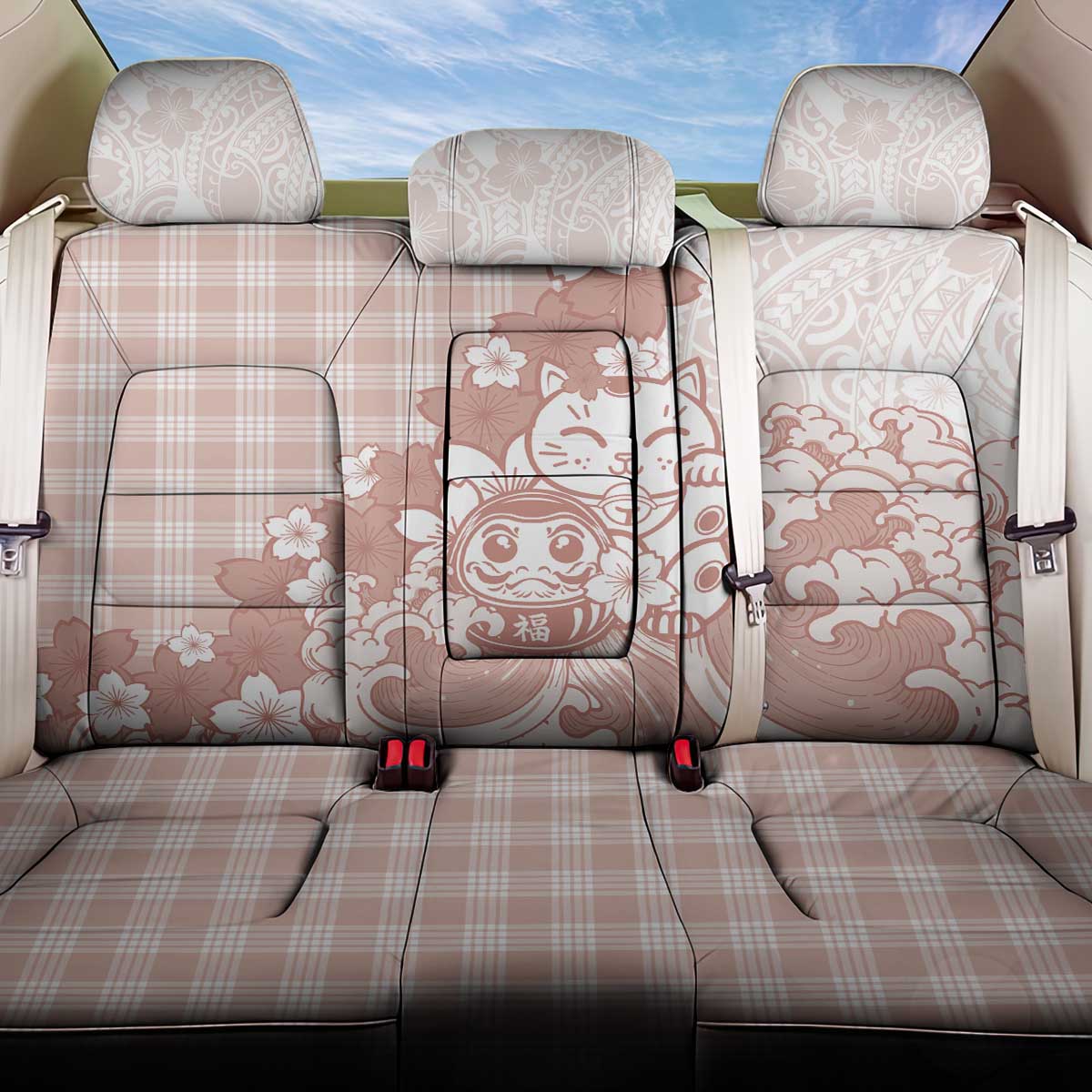 Beige Palaka Hawaiian And Japanese Back Car Seat Cover Maneki Neko And Sakura Bloom DT05 One Size Beige - Polynesian Pride