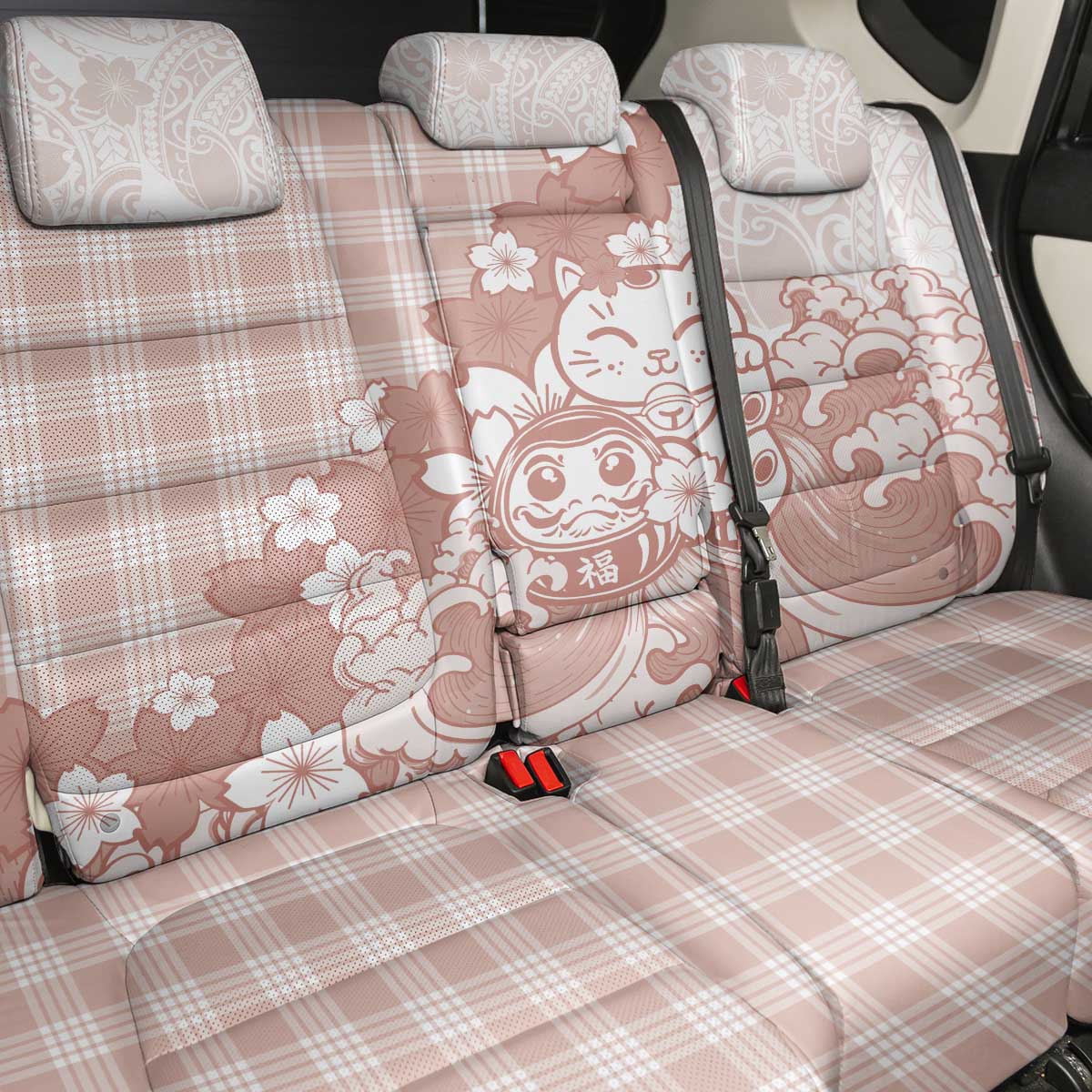 Beige Palaka Hawaiian And Japanese Back Car Seat Cover Maneki Neko And Sakura Bloom DT05 - Polynesian Pride