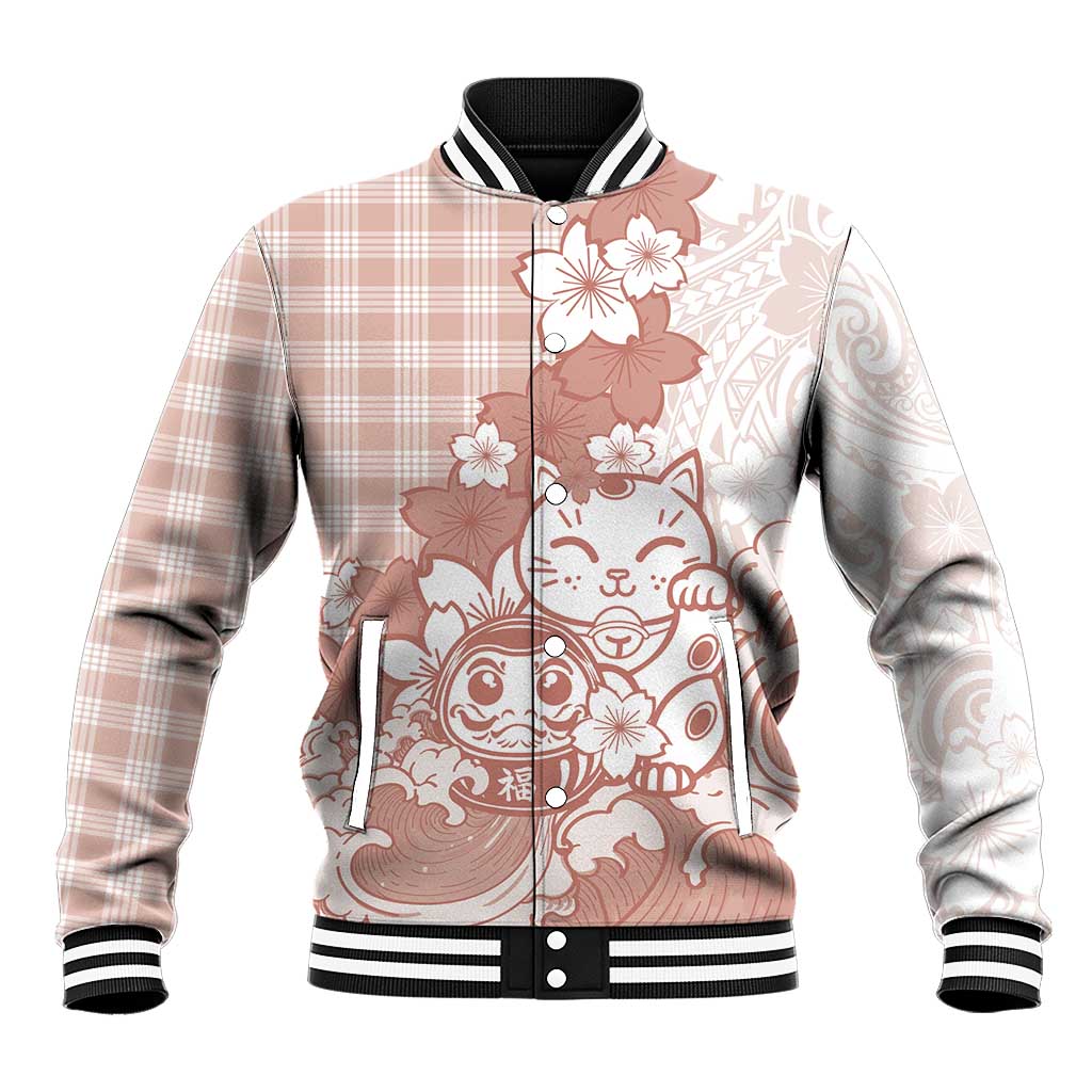 Beige Palaka Hawaiian And Japanese Baseball Jacket Maneki Neko And Sakura Bloom DT05 Unisex Beige - Polynesian Pride