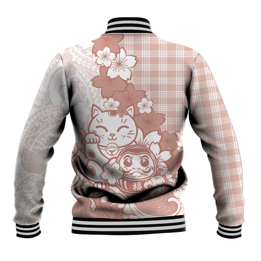 Beige Palaka Hawaiian And Japanese Baseball Jacket Maneki Neko And Sakura Bloom DT05 - Polynesian Pride