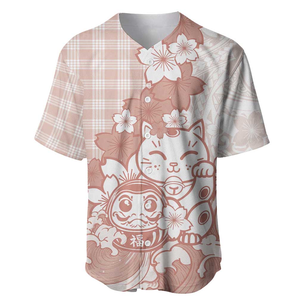 Beige Palaka Hawaiian And Japanese Baseball Jersey Maneki Neko And Sakura Bloom DT05 Beige - Polynesian Pride