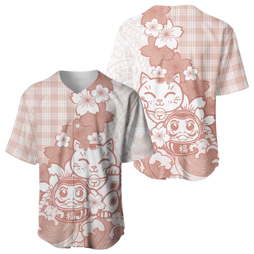 Beige Palaka Hawaiian And Japanese Baseball Jersey Maneki Neko And Sakura Bloom DT05 - Polynesian Pride