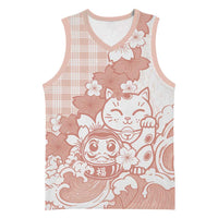 Beige Palaka Hawaiian And Japanese Basketball Jersey Maneki Neko And Sakura Bloom DT05 Unisex Beige - Polynesian Pride