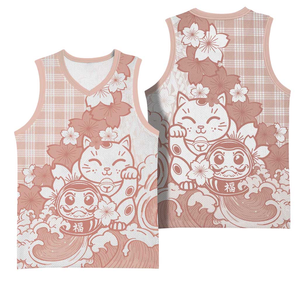 Beige Palaka Hawaiian And Japanese Basketball Jersey Maneki Neko And Sakura Bloom DT05 - Polynesian Pride