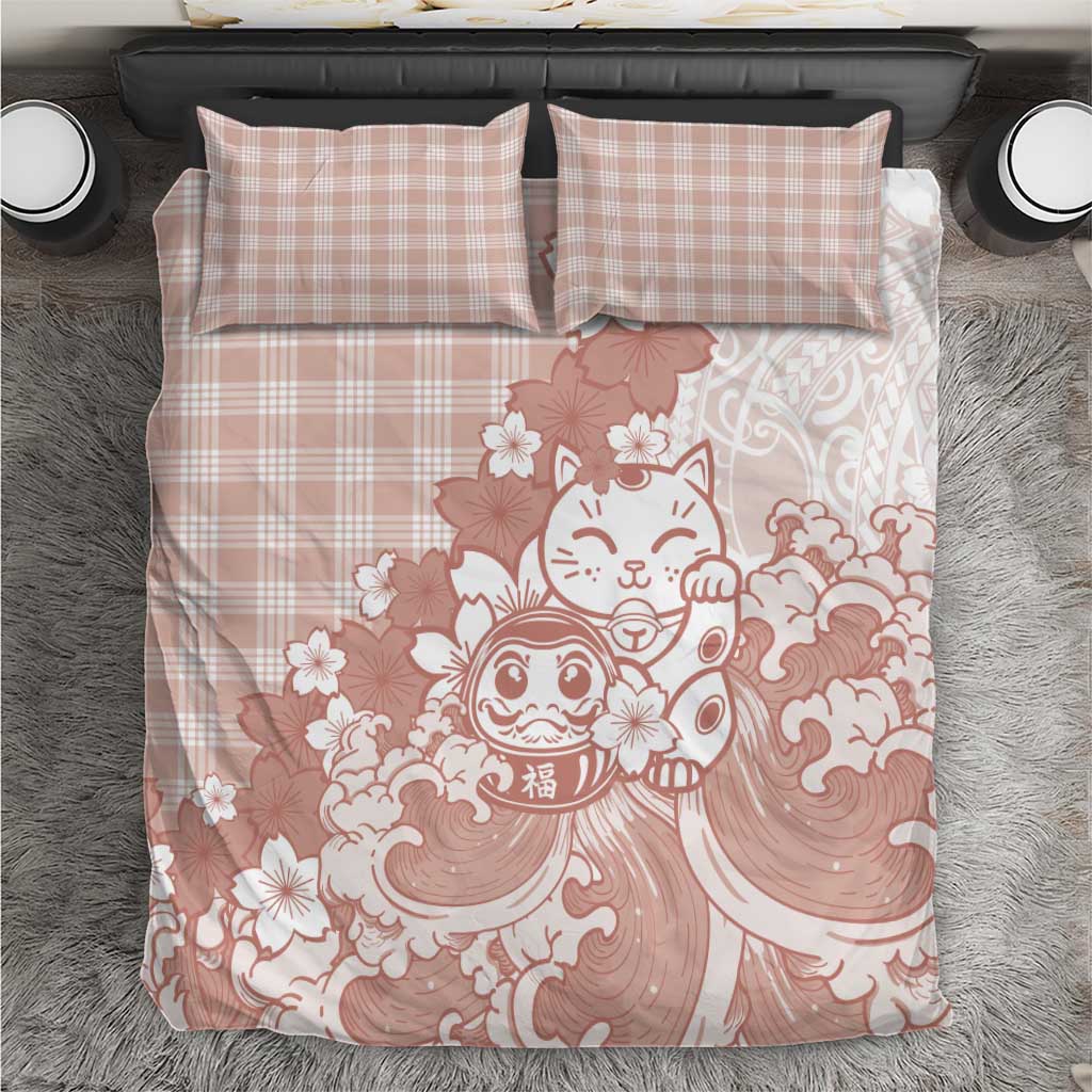 Beige Palaka Hawaiian And Japanese Bedding Set Maneki Neko And Sakura Bloom DT05 Beige - Polynesian Pride