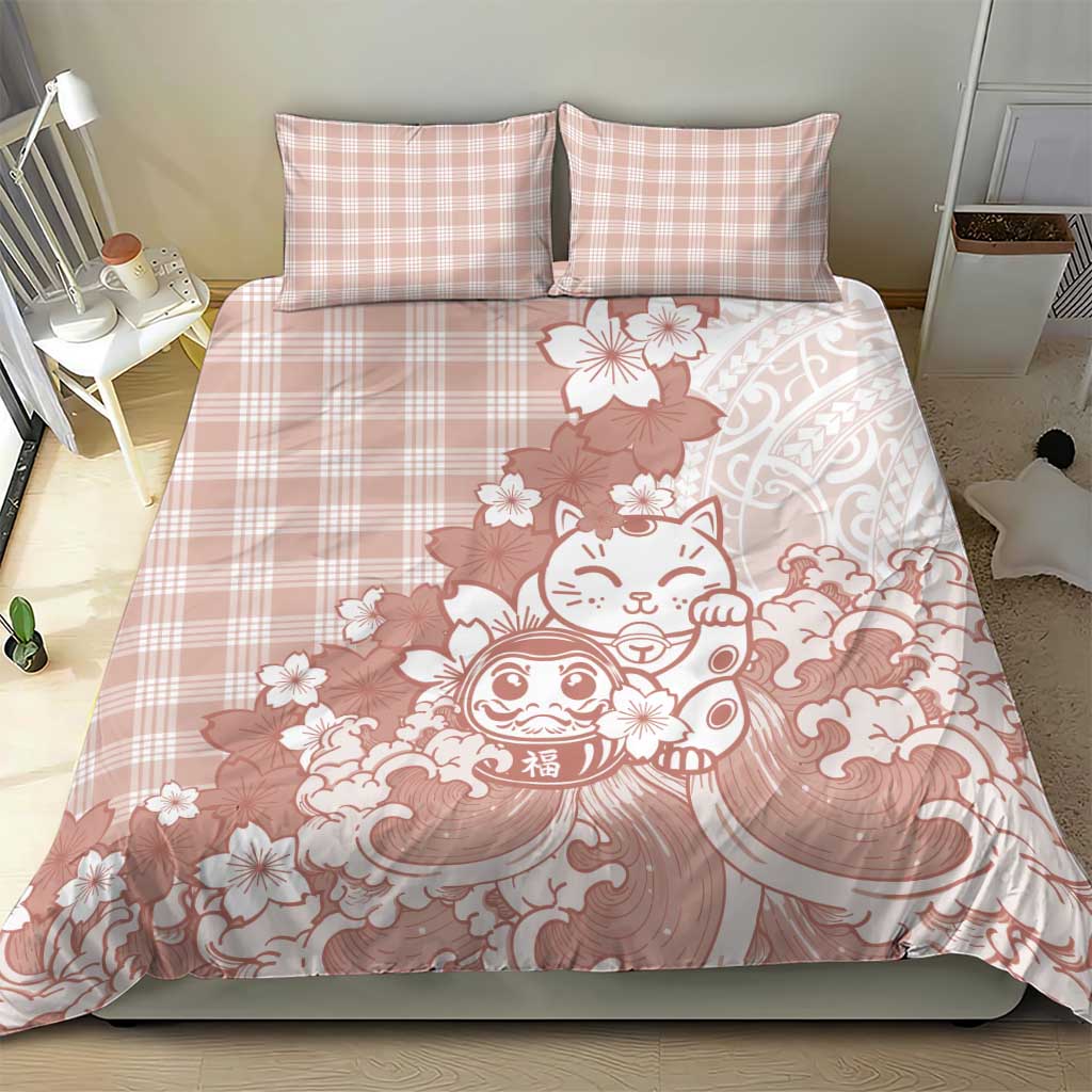 Beige Palaka Hawaiian And Japanese Bedding Set Maneki Neko And Sakura Bloom DT05 - Polynesian Pride