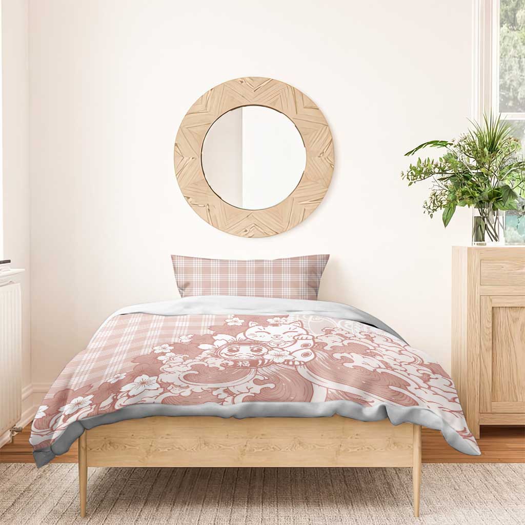 Beige Palaka Hawaiian And Japanese Bedding Set Maneki Neko And Sakura Bloom DT05 - Polynesian Pride