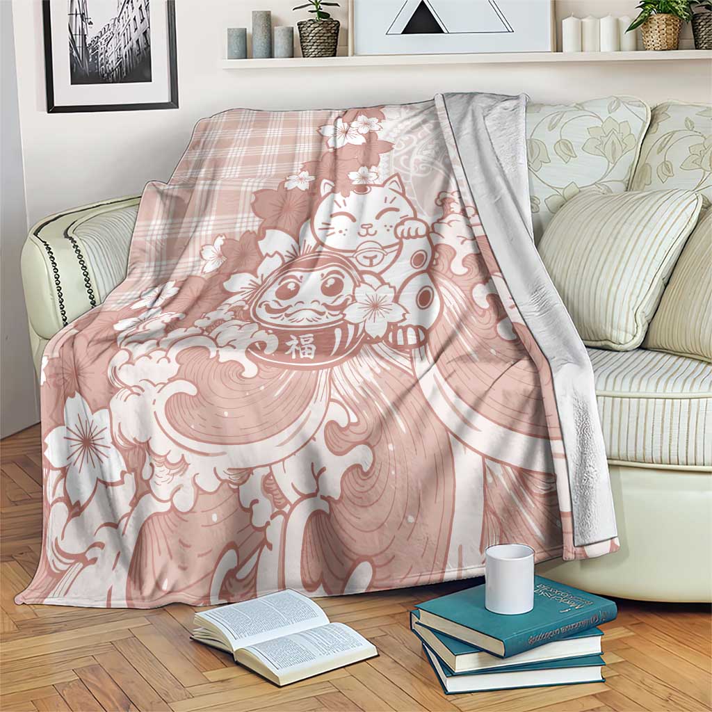 Beige Palaka Hawaiian And Japanese Blanket Maneki Neko And Sakura Bloom DT05 Beige - Polynesian Pride