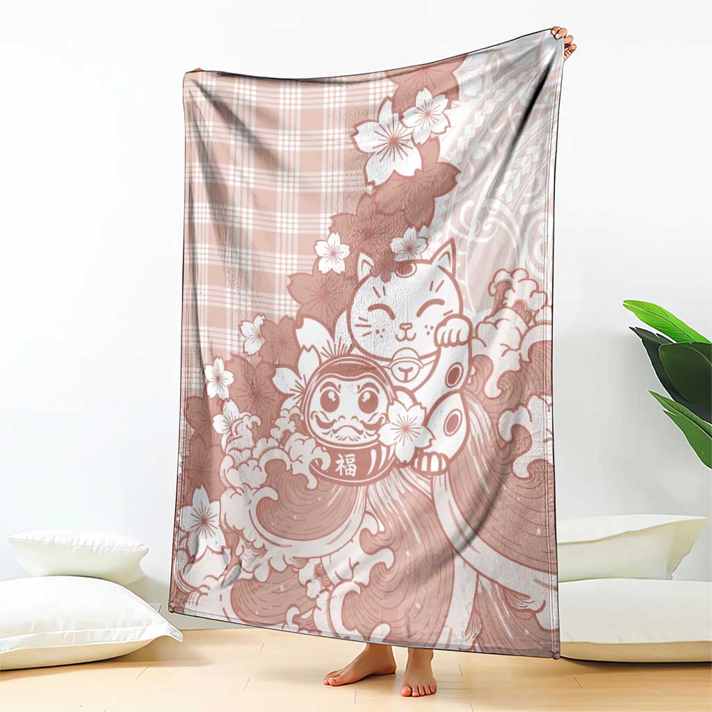 Beige Palaka Hawaiian And Japanese Blanket Maneki Neko And Sakura Bloom DT05 - Polynesian Pride