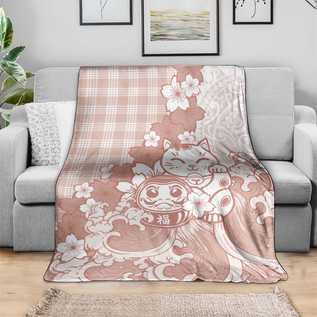 Beige Palaka Hawaiian And Japanese Blanket Maneki Neko And Sakura Bloom DT05 - Polynesian Pride
