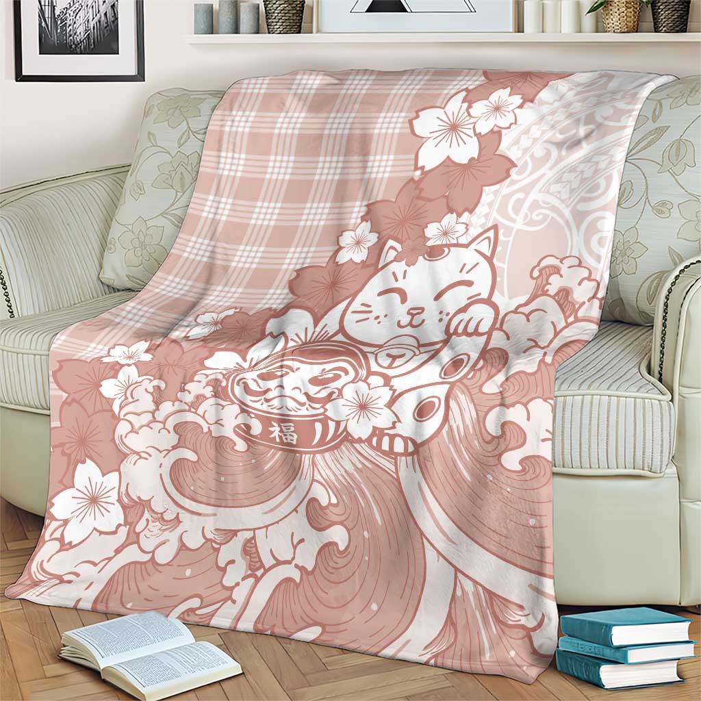 Beige Palaka Hawaiian And Japanese Blanket Maneki Neko And Sakura Bloom DT05 - Polynesian Pride