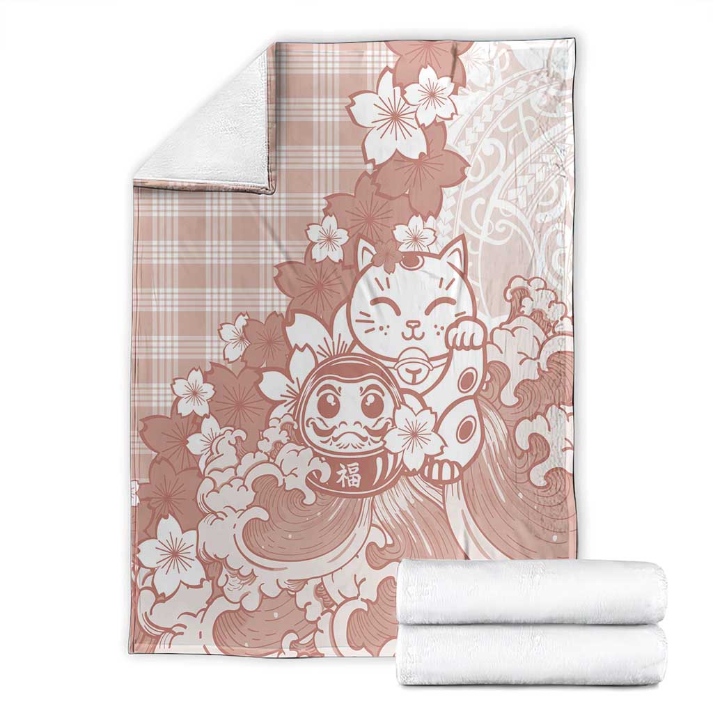 Beige Palaka Hawaiian And Japanese Blanket Maneki Neko And Sakura Bloom DT05 - Polynesian Pride