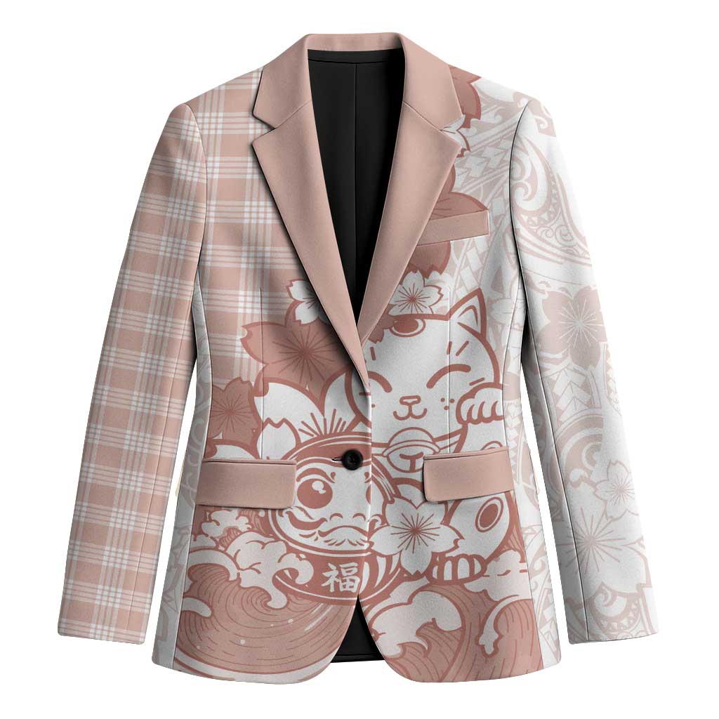 Beige Palaka Hawaiian And Japanese Blazer Maneki Neko And Sakura Bloom