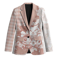Beige Palaka Hawaiian And Japanese Blazer Maneki Neko And Sakura Bloom