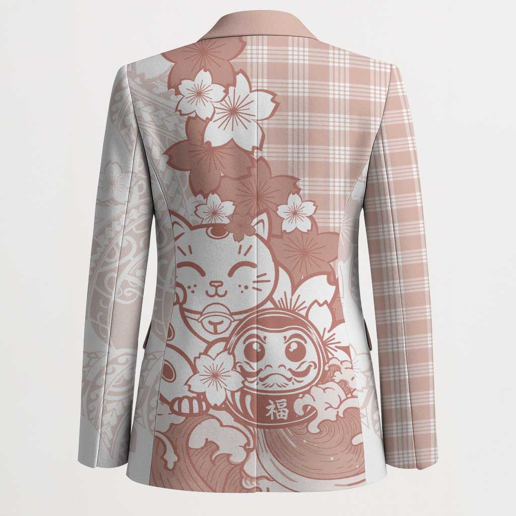 Beige Palaka Hawaiian And Japanese Blazer Maneki Neko And Sakura Bloom
