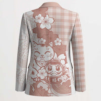 Beige Palaka Hawaiian And Japanese Blazer Maneki Neko And Sakura Bloom