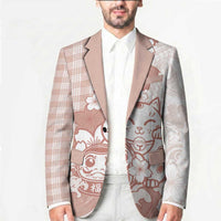 Beige Palaka Hawaiian And Japanese Blazer Maneki Neko And Sakura Bloom