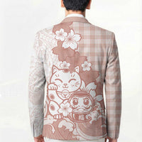 Beige Palaka Hawaiian And Japanese Blazer Maneki Neko And Sakura Bloom