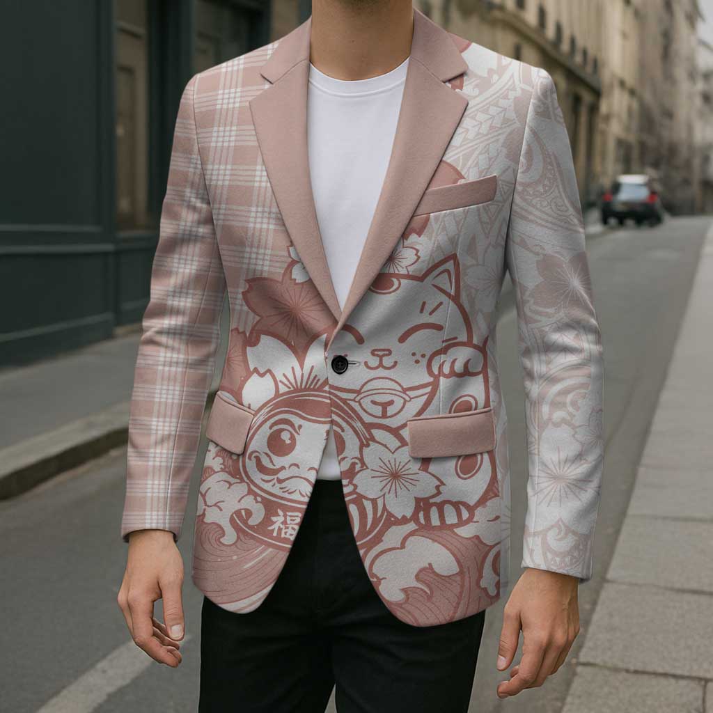 Beige Palaka Hawaiian And Japanese Blazer Maneki Neko And Sakura Bloom