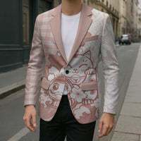 Beige Palaka Hawaiian And Japanese Blazer Maneki Neko And Sakura Bloom