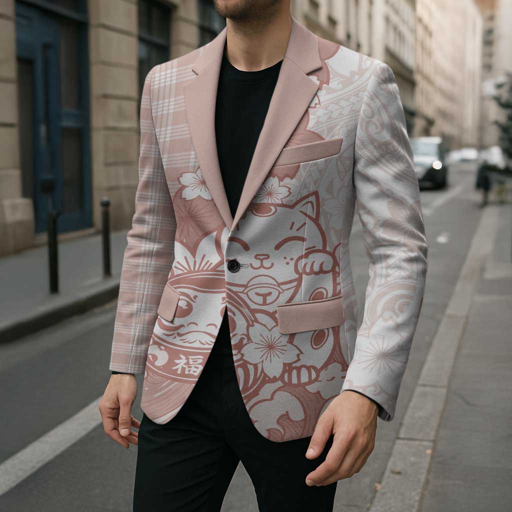 Beige Palaka Hawaiian And Japanese Blazer Maneki Neko And Sakura Bloom