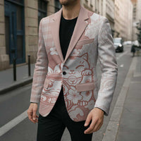 Beige Palaka Hawaiian And Japanese Blazer Maneki Neko And Sakura Bloom