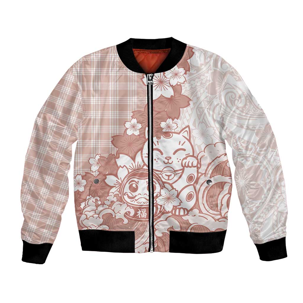 Beige Palaka Hawaiian And Japanese Bomber Jacket Maneki Neko And Sakura Bloom DT05 Unisex Beige - Polynesian Pride