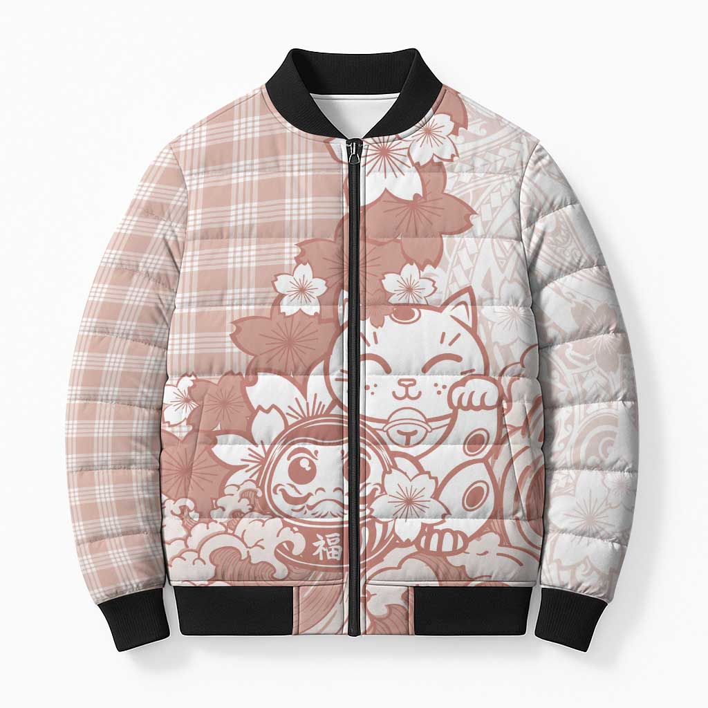 Beige Palaka Hawaiian And Japanese Bomber Puffer Jacket Maneki Neko And Sakura Bloom DT05 Unisex Beige - Polynesian Pride