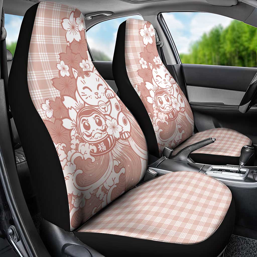 Beige Palaka Hawaiian And Japanese Car Seat Cover Maneki Neko And Sakura Bloom DT05 - Polynesian Pride