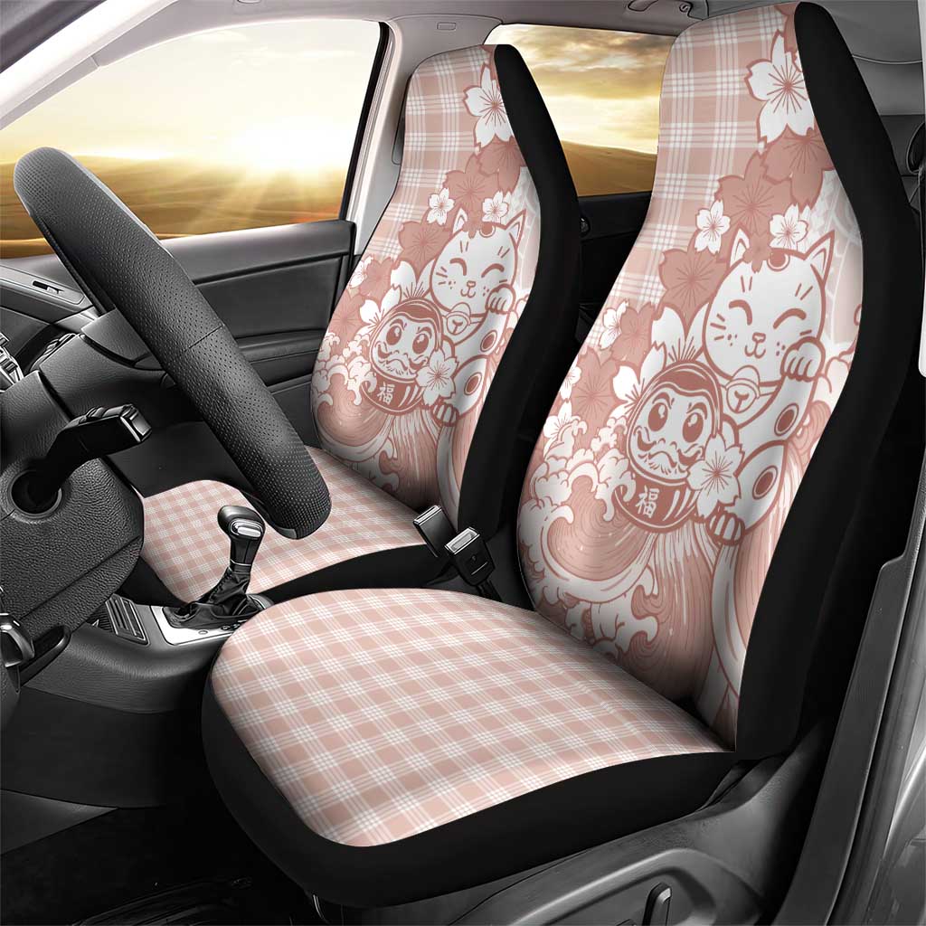 Beige Palaka Hawaiian And Japanese Car Seat Cover Maneki Neko And Sakura Bloom DT05 - Polynesian Pride