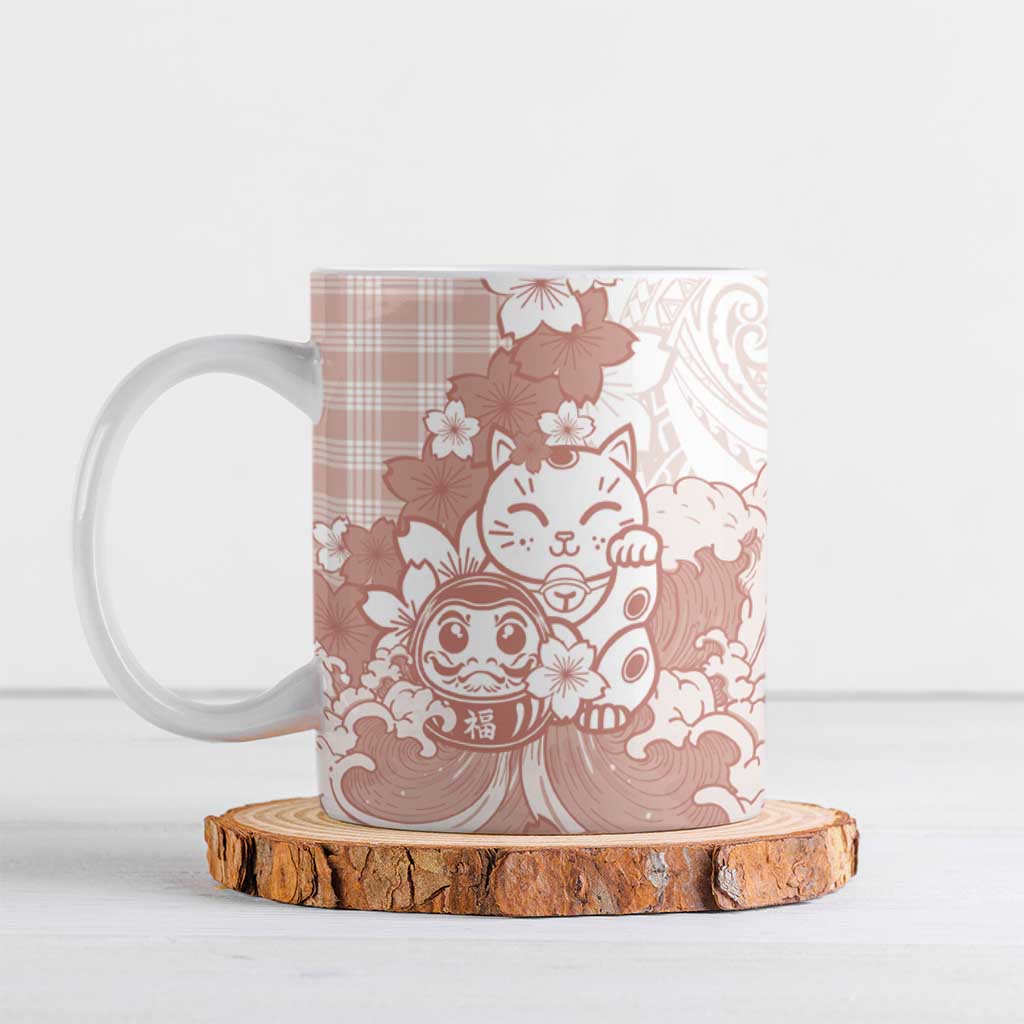 Beige Palaka Hawaiian And Japanese Ceramic Mug Maneki Neko And Sakura Bloom DT05 Beige - Polynesian Pride