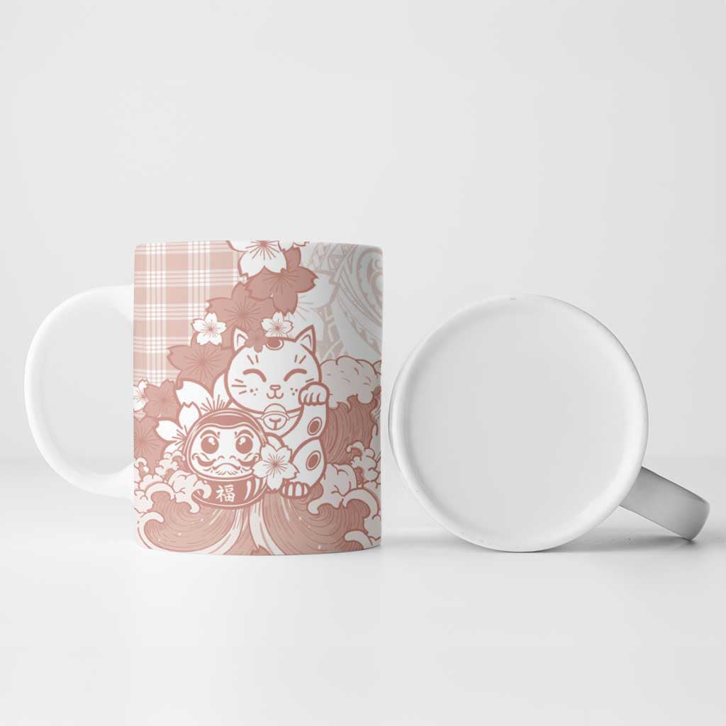 Beige Palaka Hawaiian And Japanese Ceramic Mug Maneki Neko And Sakura Bloom DT05 - Polynesian Pride