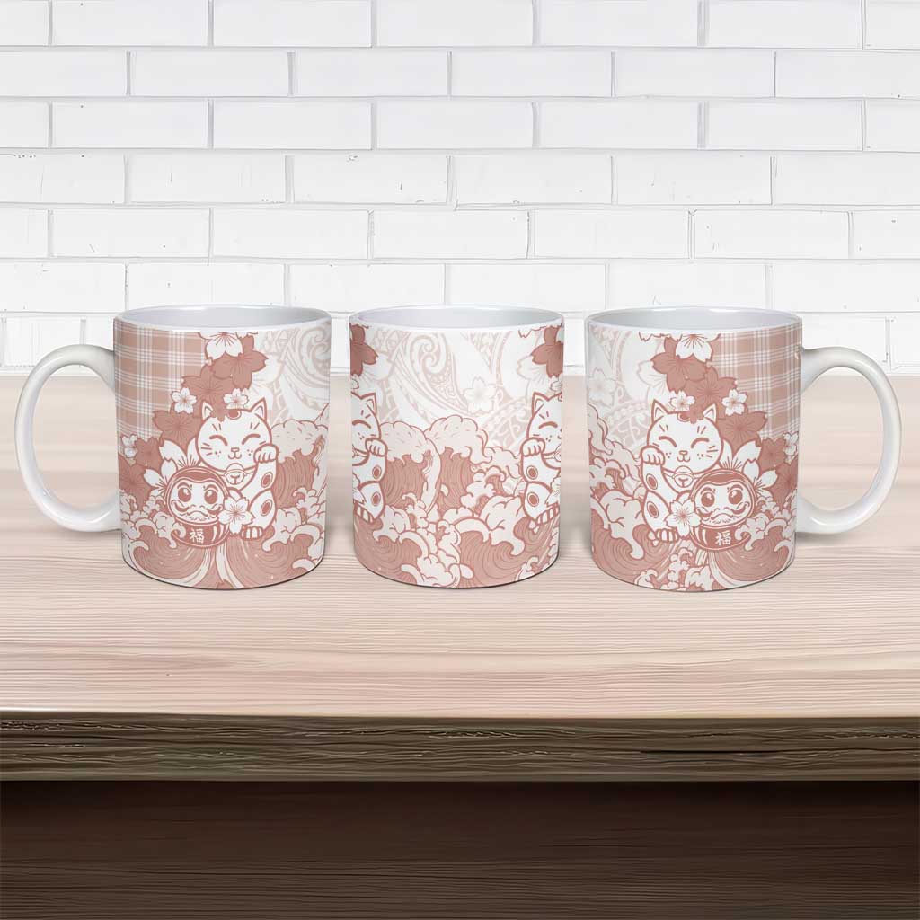 Beige Palaka Hawaiian And Japanese Ceramic Mug Maneki Neko And Sakura Bloom DT05 - Polynesian Pride
