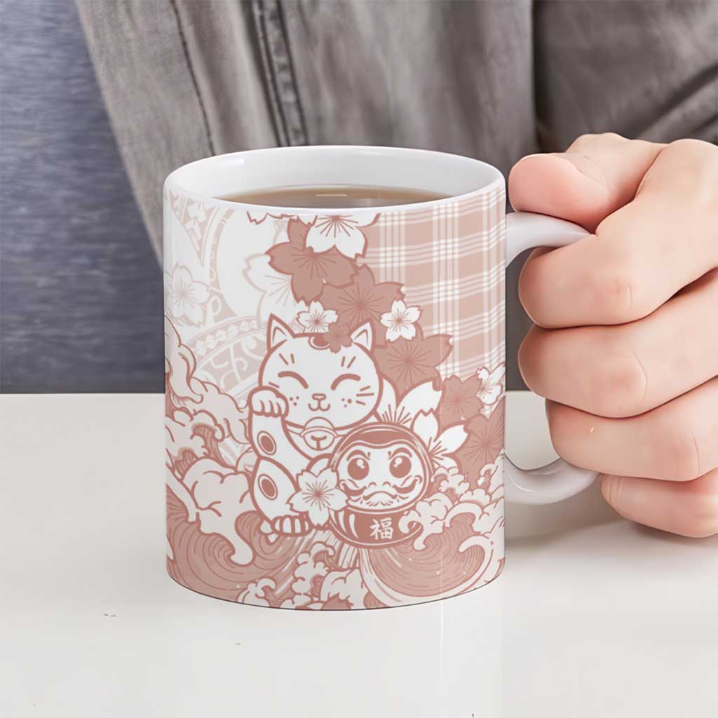 Beige Palaka Hawaiian And Japanese Ceramic Mug Maneki Neko And Sakura Bloom DT05 - Polynesian Pride